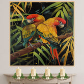 Jungle Parrot Pair Artwork Featuring Red and Yellow Feathers with Green Wings Perched on a Branch in a Lush Tropical Setting with Stylized Foliage on Ready to Hang 1.5" Thick Canvas Wrap, Floating Framed Canvas, Flat Rolled Canvas